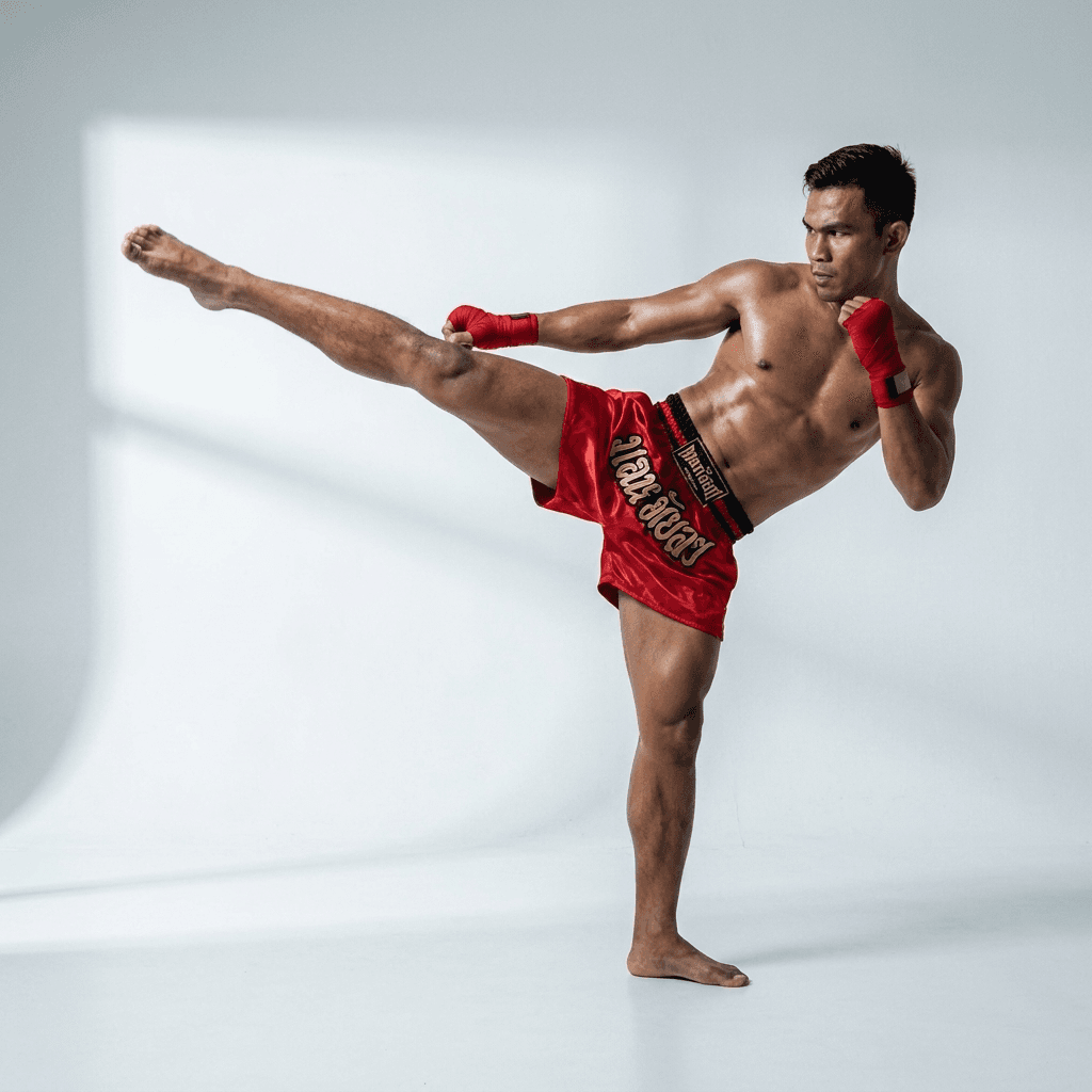 A Muay Thai athlete throwing a high kick, framed as a Kru AI technique analysis